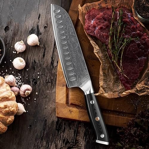Cuchillo de corte de carne de chef de 7 pulgadas, cuchillos Santoku de 67 capas, cuchillo de cocina de acero de Damasco, afilado para tratar con