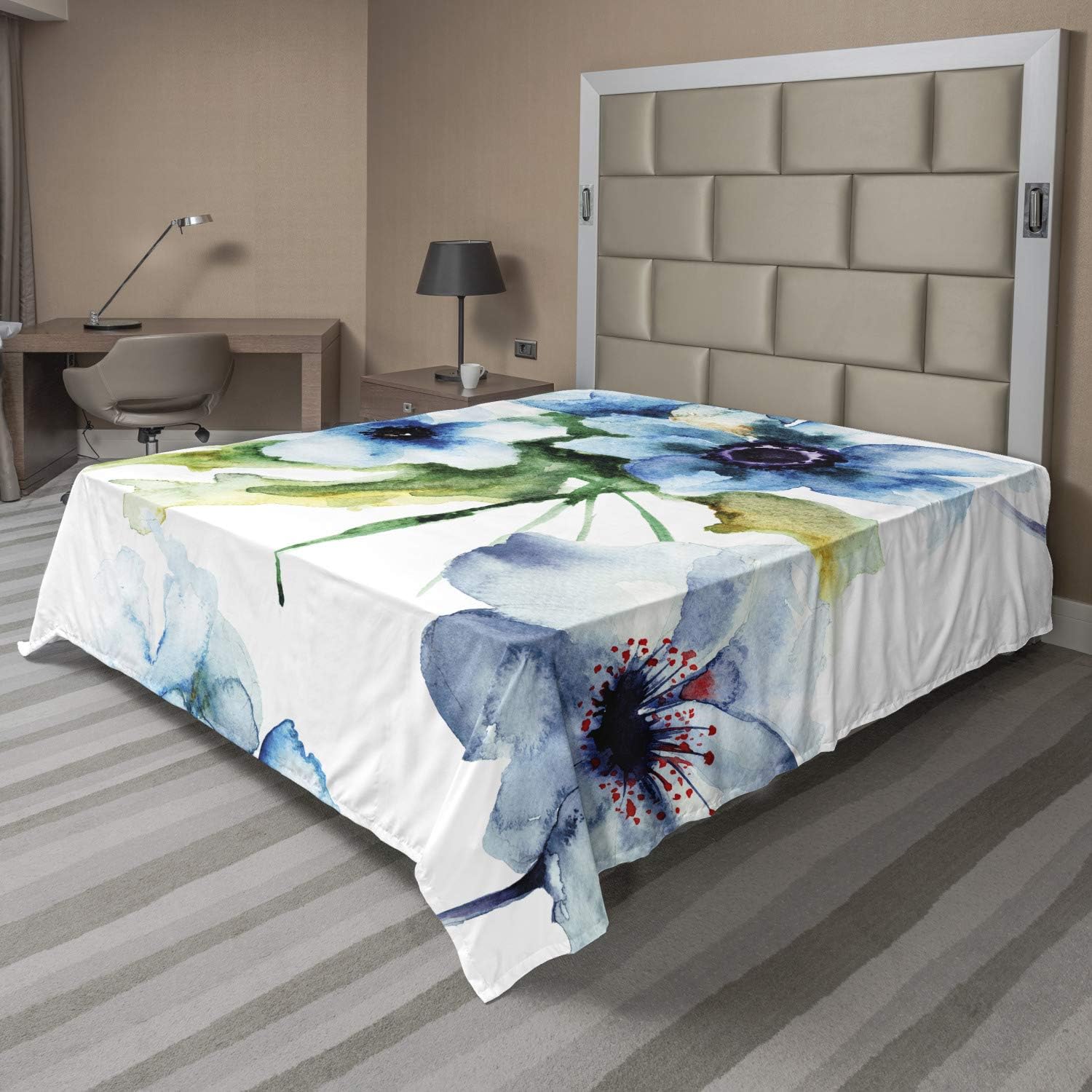 Ambesonne Art Flat Sheet, Summer Flowers Essence Growth Fragrance Petals Watercolor Bouquet, Soft Comfortable Top Sheet Decorative Bedding 1 Piece, Queen Size, Blue Forest Green