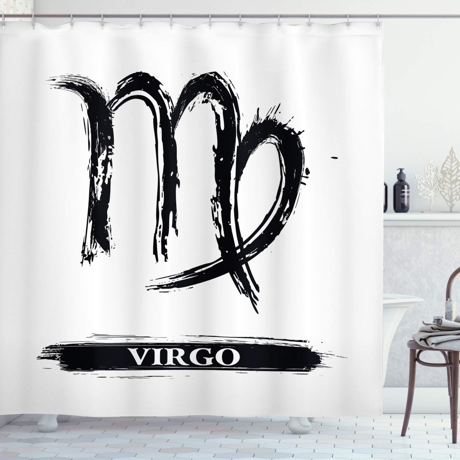 Ambesonne Virgo Shower Curtain, Virgo Sign with Black and White Monochrome Design Zodiac Symbol Constellation Print, Fabric Bathroom Decor Set with Hooks, 69" W x 75" L, Black White