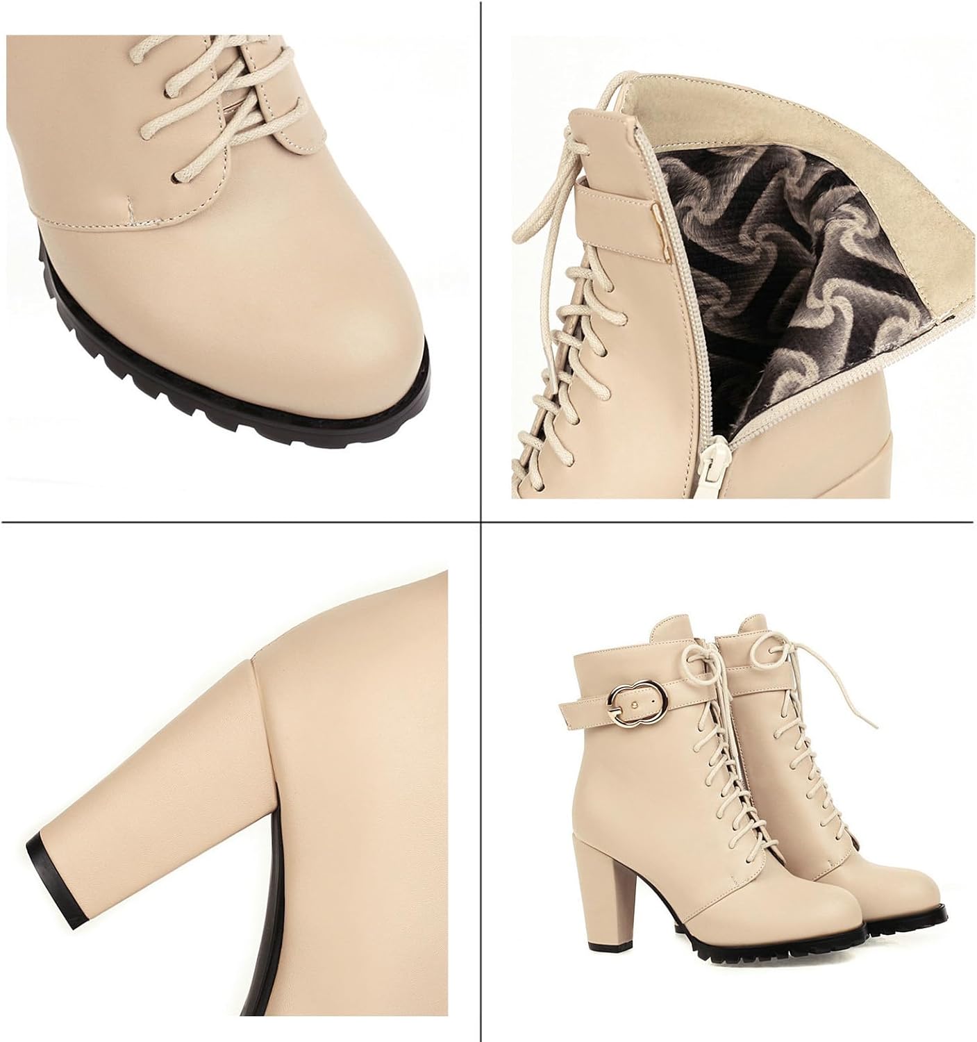 Women's Lace Up Ankle Boots Chunky Heel Lug Sole Combat Booties Non-Slip Casual Boots with Buckle Strap