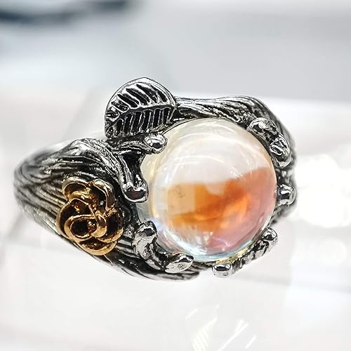 Miniatura 2 de JESMING Anillo de piedra lunar rosa, anillo de luna 925, bonitos anillos de plata de ley 925, joyería de hoja wiccana, anillo de flores de rosa,
