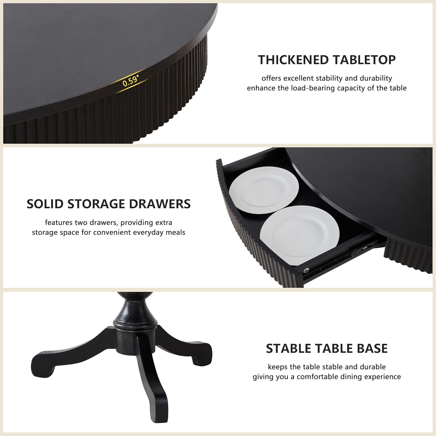 Close-up images showing the thickened tabletop, solid storage drawers, and stable table base of the XUZENEST dining table.