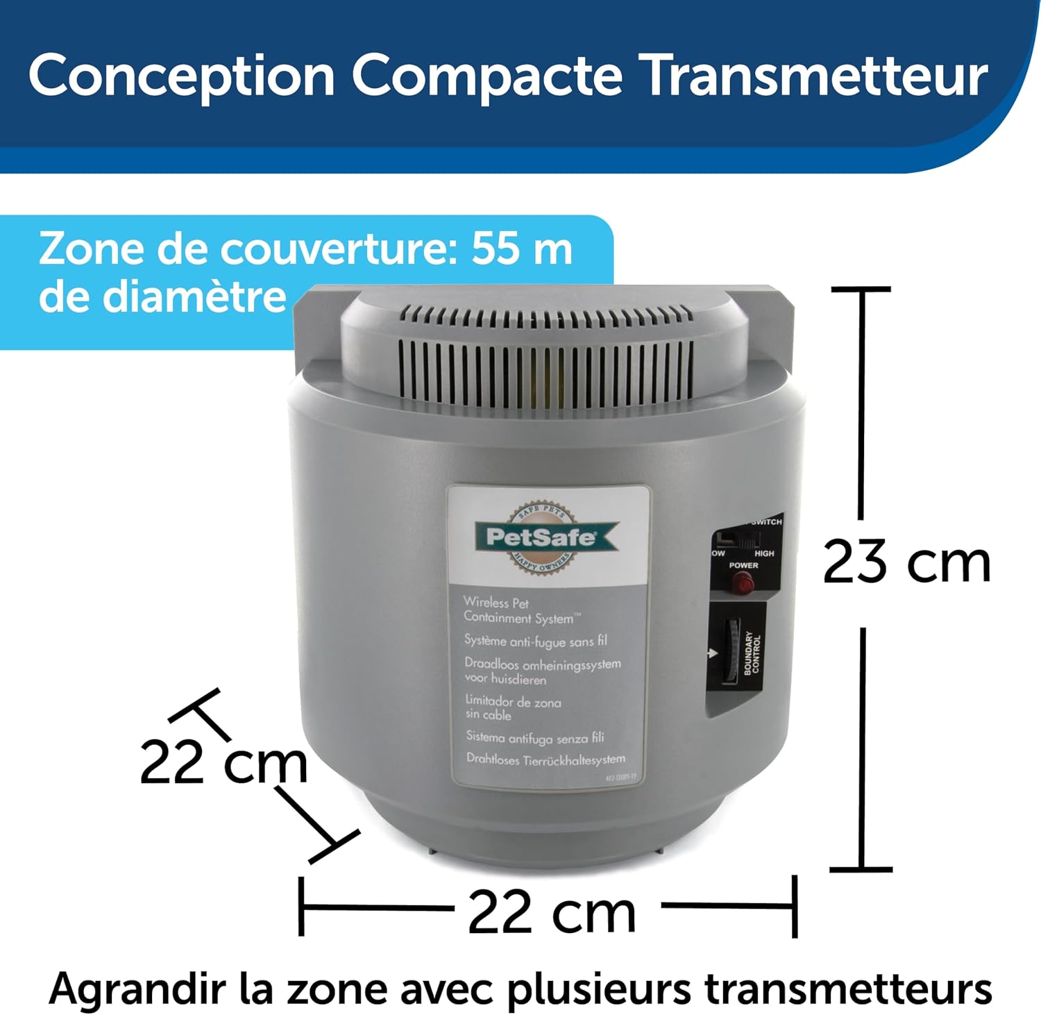 PetSafe Wireless Containment System Transmitter with dimensions indicated.