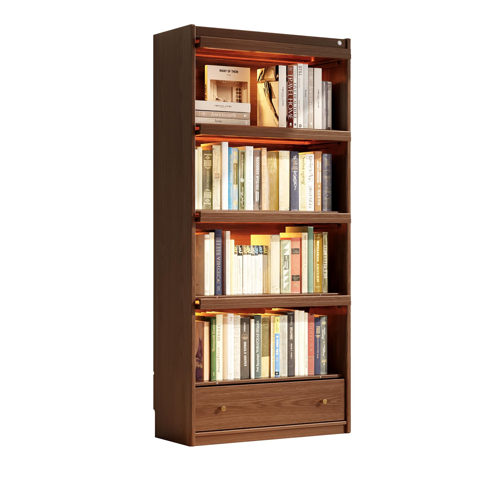 Solid Wood Bookcase With Flip-Up Tempered Glass Doors And 3 Color Led Lights,4 -Tier Wooden Bookshelf And 1 Drawer,Tall Bookshelves Modern Storage Cabinet Kitchen Pantry For Living Room,Office