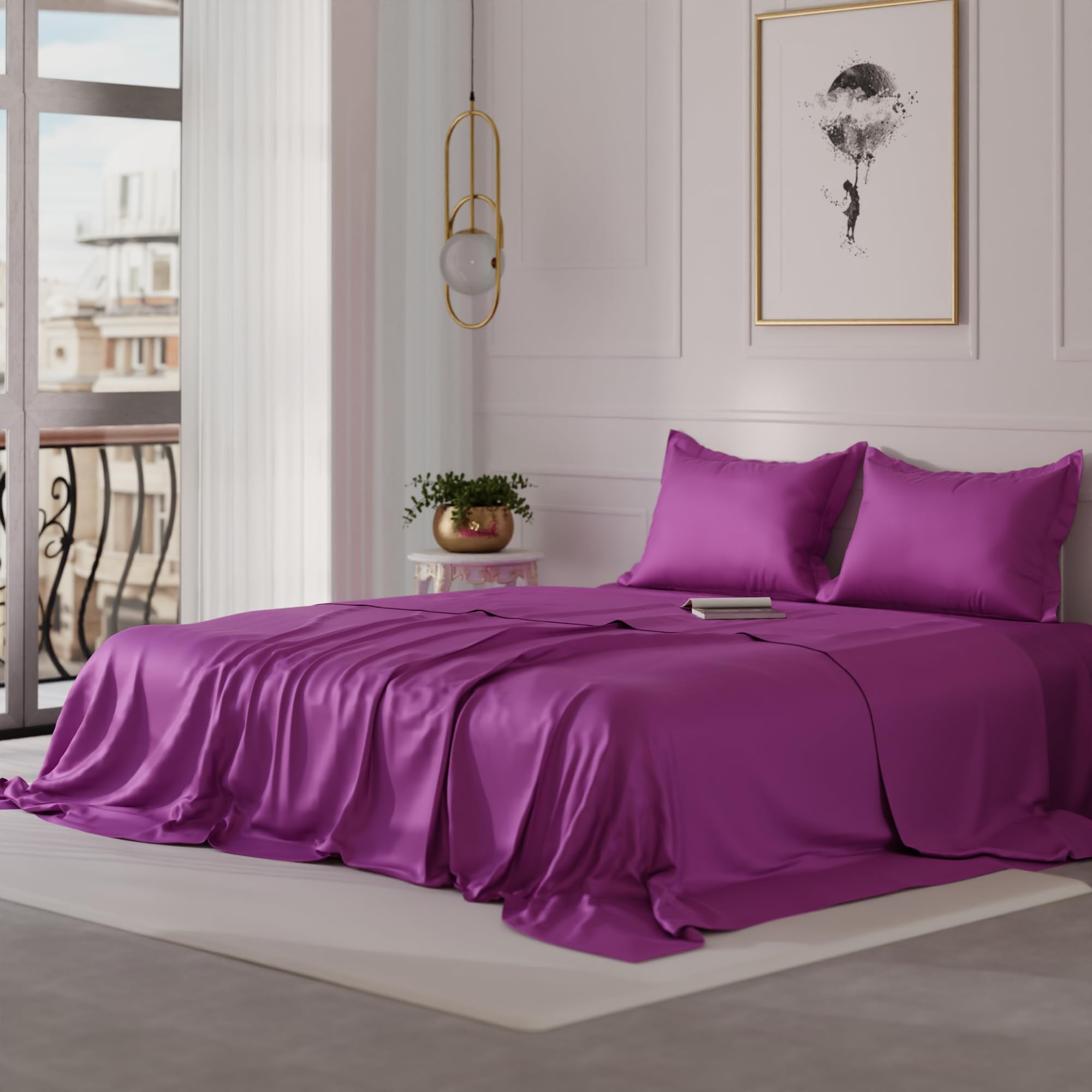 Stoa Paris Satin Bedsheet King Size with 2 Pillow Covers, 300TC Premium Bedsheets King Size, Home Decor, Ultimate Comfort, 274 cm x 228 cm, Date Night - Plum