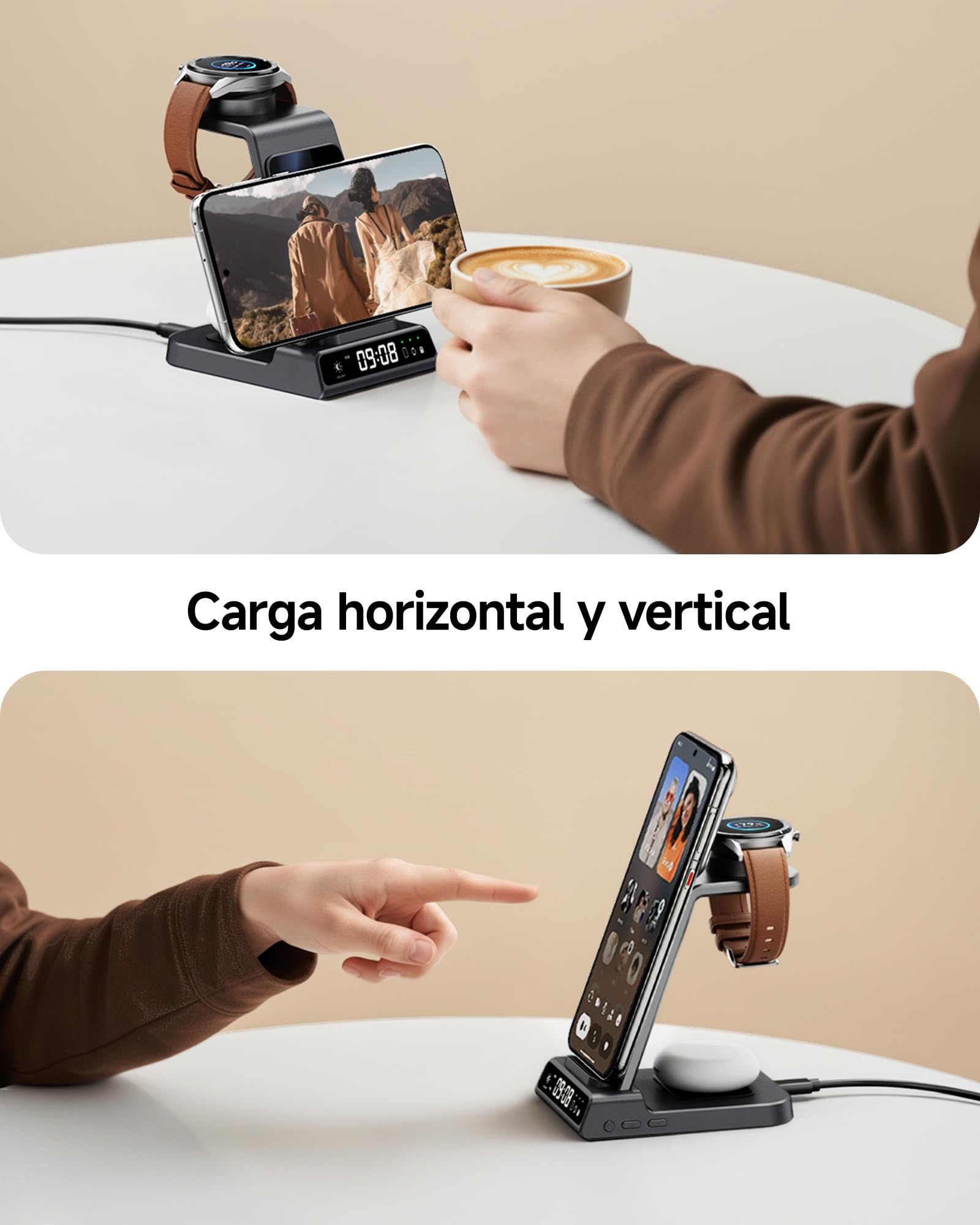 Cargador inalámbrico 3 en 1 para Huawei Watch, teléfono, Auriculares | Para Huawei Watch GT 6/GT 6 Pro/GT 5/GT 5, Reloj LED regulable, protección múltiple, indicador de carga, SwanScout C01HW
