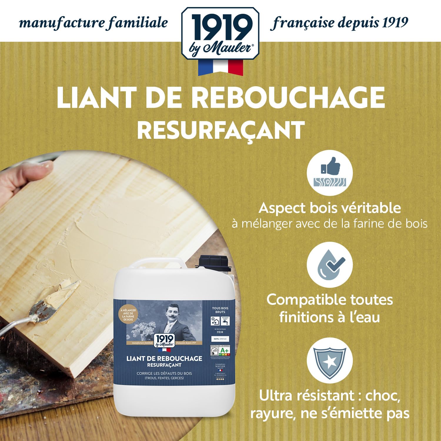 MAULER - Liant de rebouchage parquet & meuble haute solidité pour Mastic à Bois - 5L - À mélanger avec sciures fines ou farine de bois - Très faible odeur