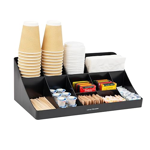 Mind Reader Cup and Condiment Station, Countertop Organizer, Coffee Bar, Kitchen, Stirrers, 17.875"L x 9.5"W x 6.625"H, Black - Black - 11 Compartment