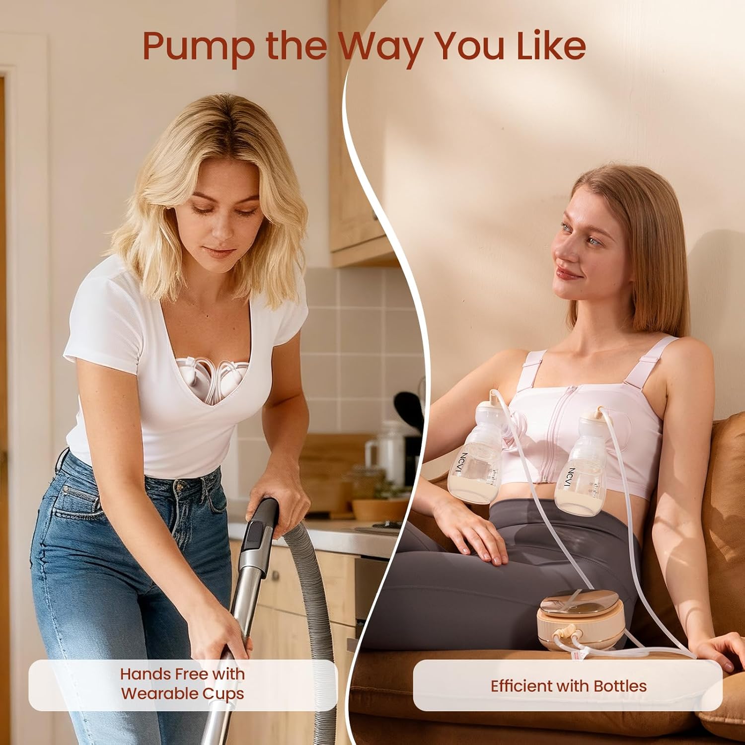 NCVI 2-in-1 Electric Wearable Breast Pump, Micro-Vibration Comfort with Hospital-Grade Suction, 4 Modes & 9 Levels, 4400mAh Rechargeable, Hands-Free & Portable Breastfeeding Milk Pump