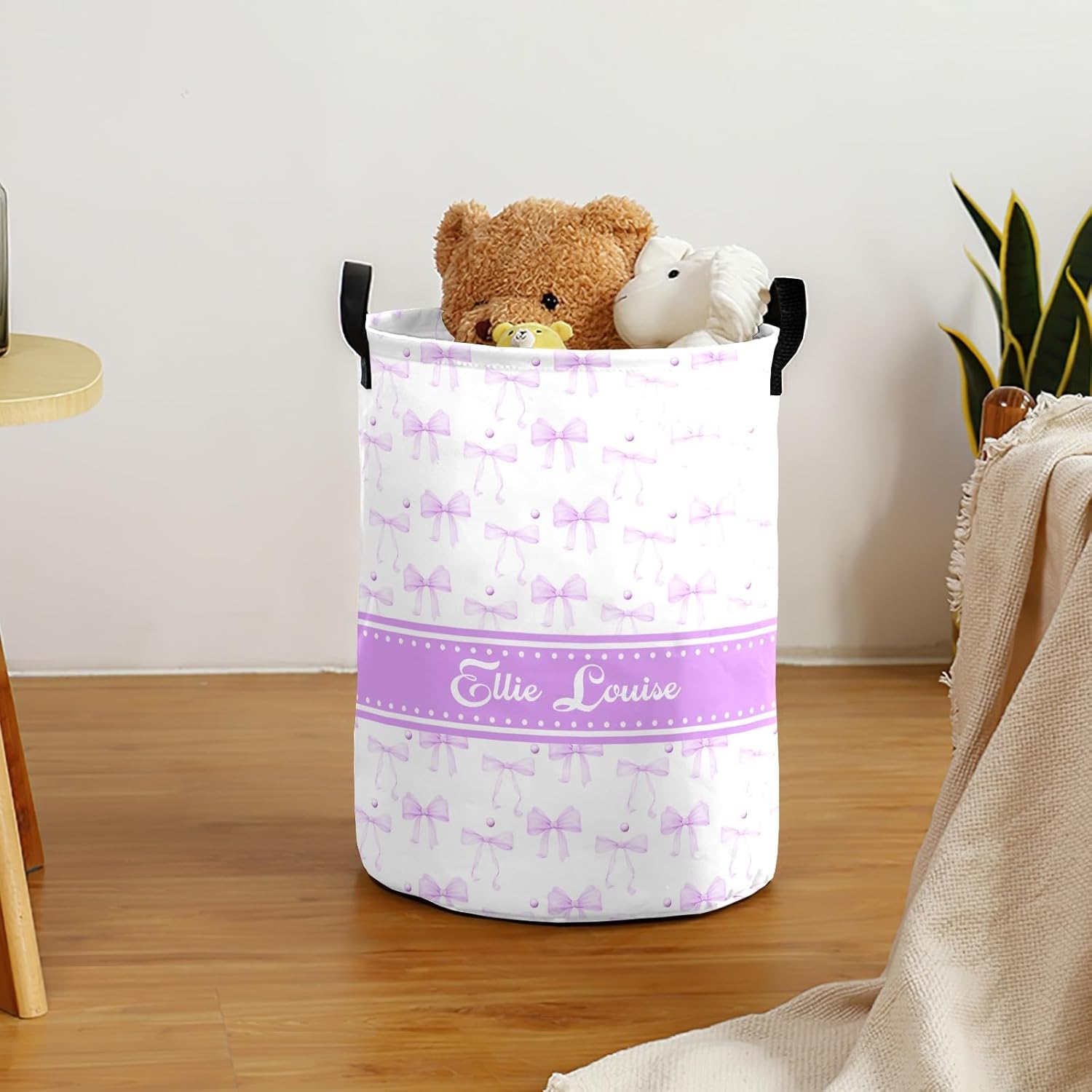 Purple Bow Custom Name Laundry Hamper, Personalized Waterproof Laundry Basket with Name, Customized Clothes Storage Organizer Gift for Boys Girls