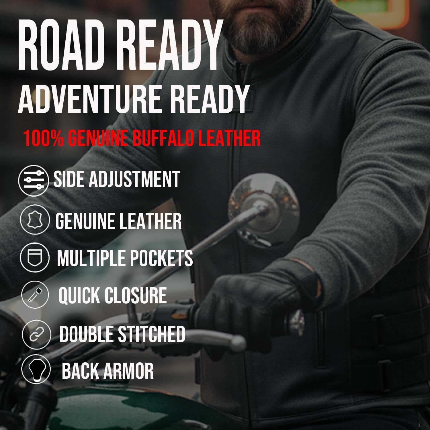 Jackets 4 Bikes Men's Armor Motorcycle Vest Swat Style - Premium Black Buffalo Leather, All-Season Biker Riding Vest - Image 4