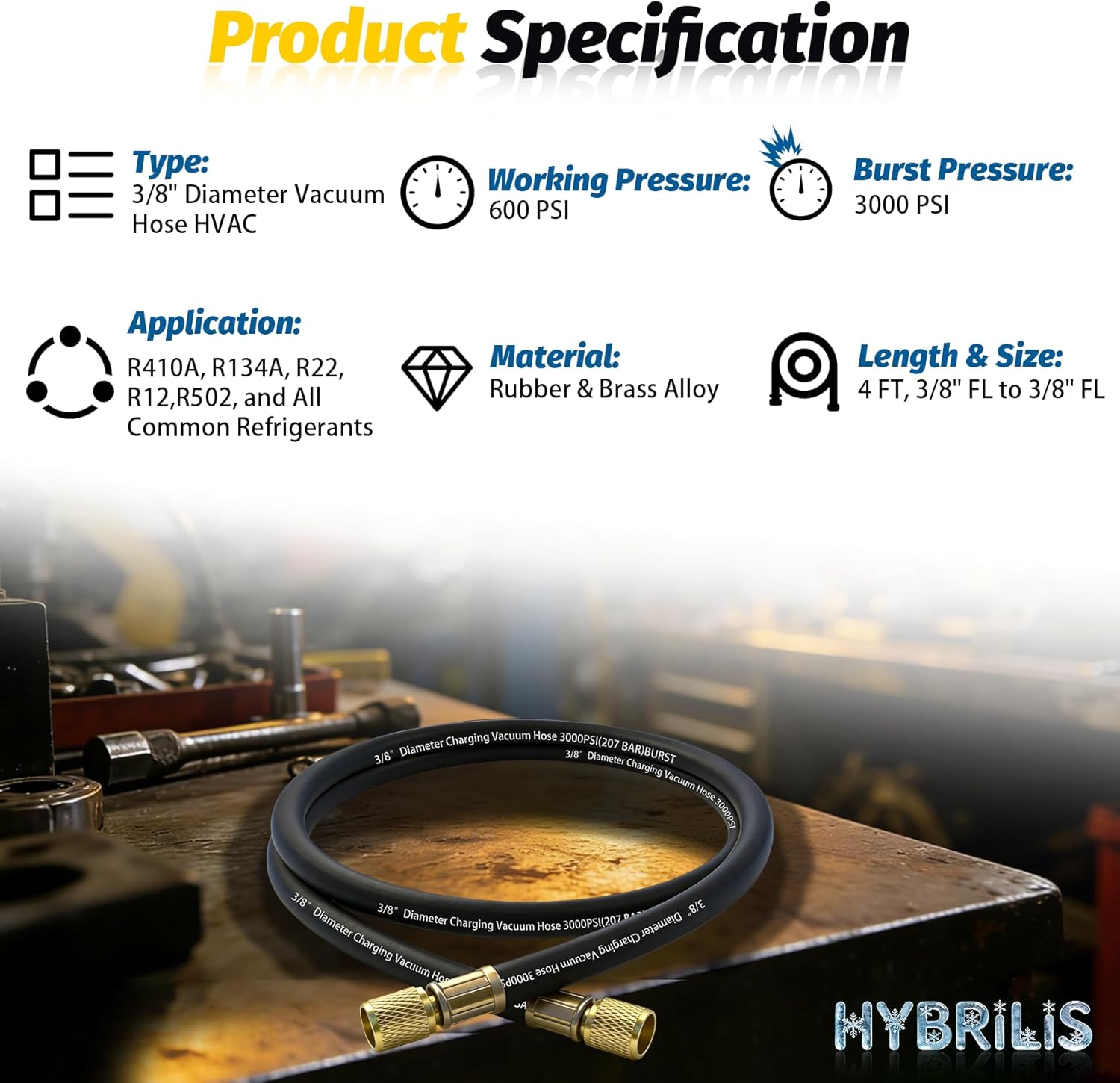 Upgrade 4FT 15648 3/8" HAVC Heavy Duty Charging Vacuum Hose, 3/8" x 3/8" Fittings, 600 PSI Working Pressure 3000 PSI Burst, Flexible Rubber AC Charging Hose for R134A R410A R22 R407C Refrigerant