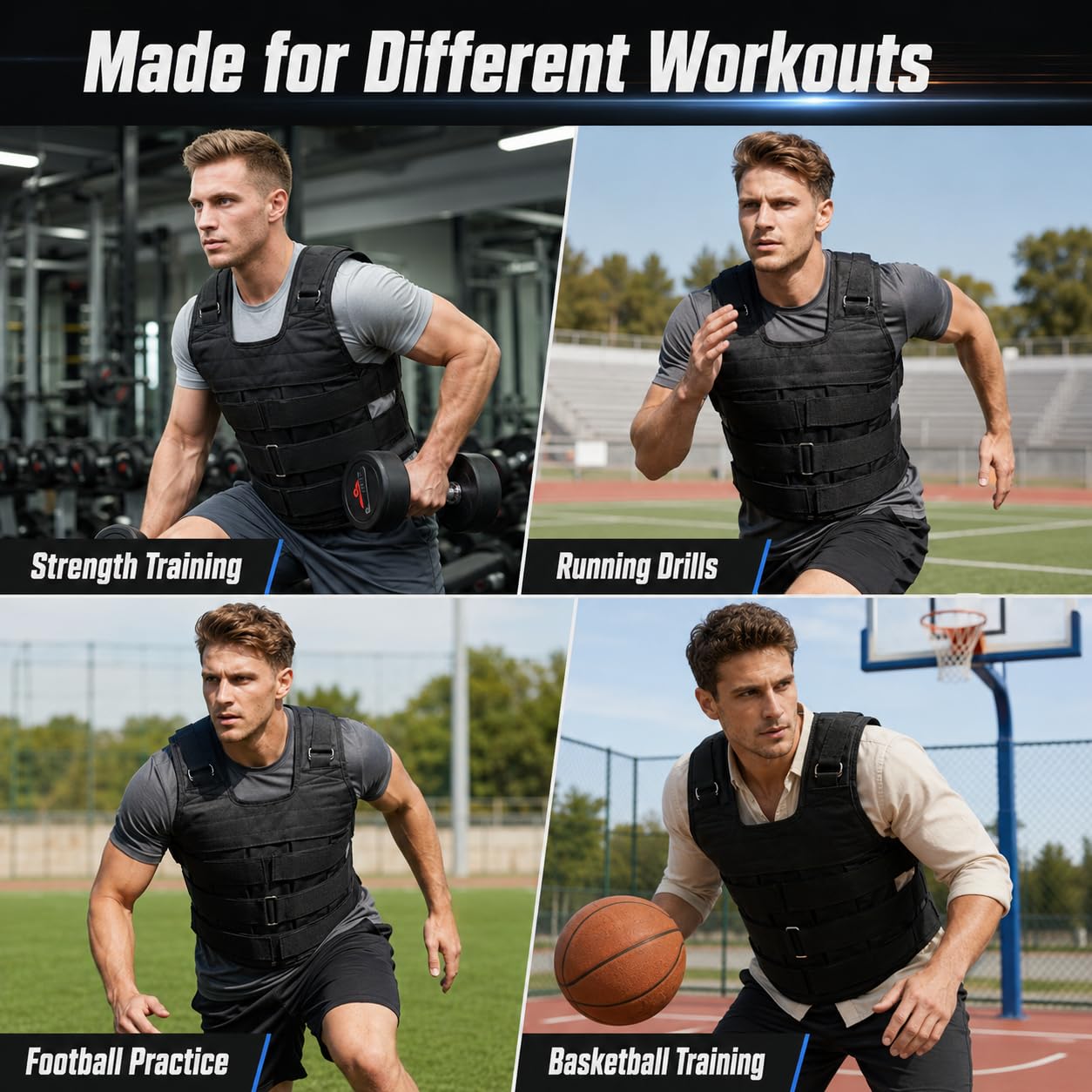Gilet Pesante Regolabile 1-50kg in Oxford per Allenamento 44x55cm | Gilet da allenamento fitness con cinghie larghe e fasce frontali, per uomini e donne
