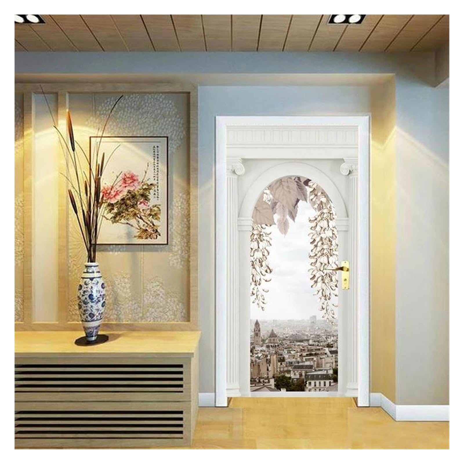 Sticker de porte paysage urbain pour transformer le design de votre salon