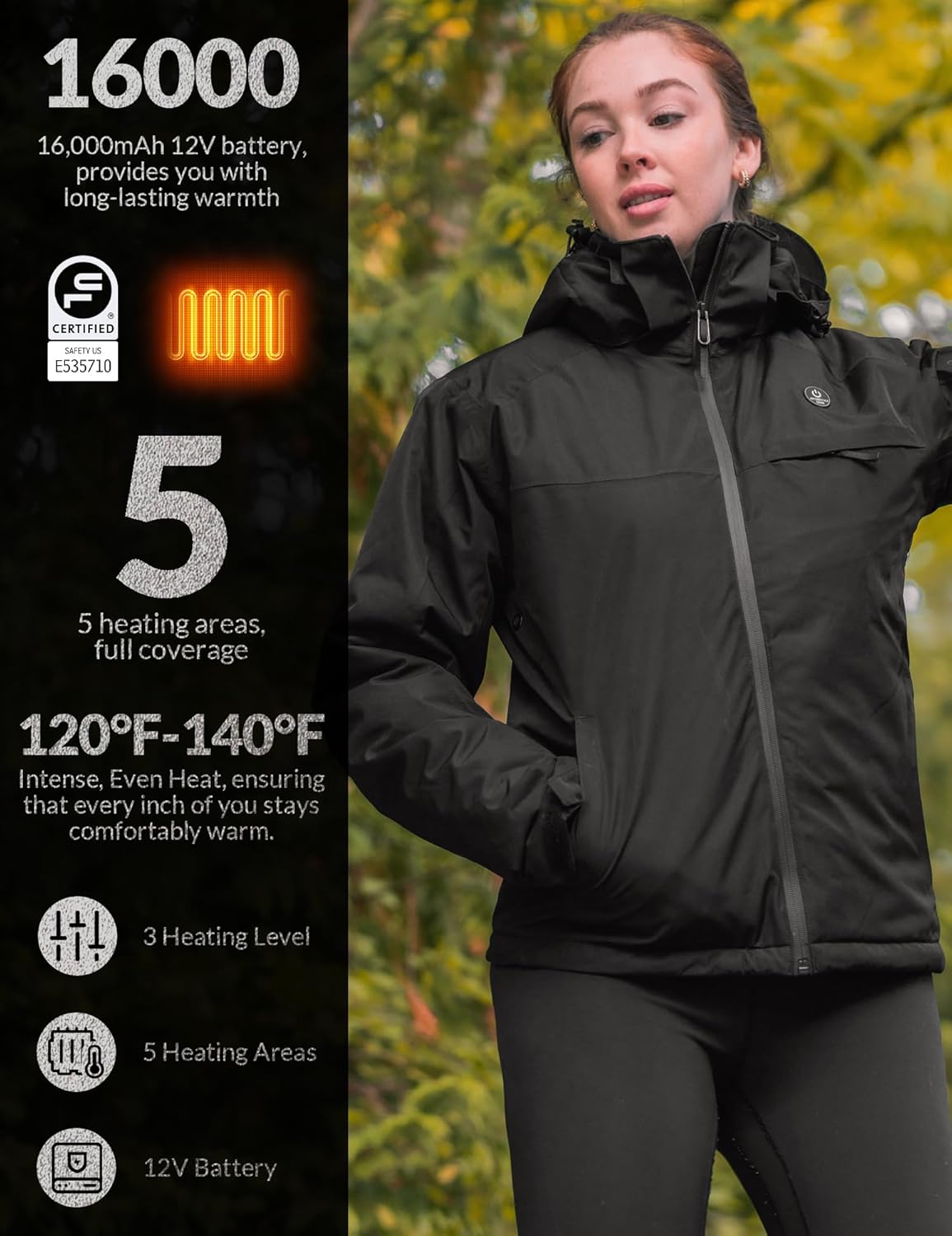 ANTARCTICA GEAR Heated Jacket, Ski Jacket Coat, With 12V/16000mAh Battery Pack, 5 Areas Heating Thicken Women Winter Coat - Image 6