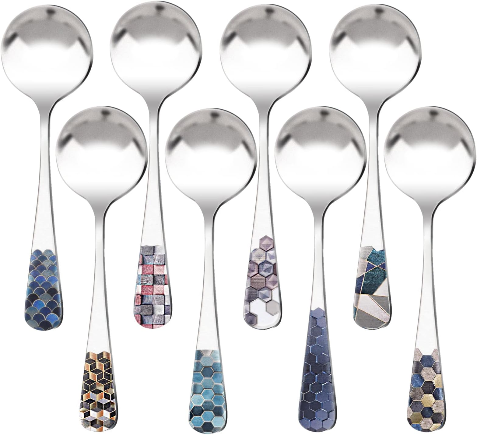 RETON 8 Pcs Round Stainless Steel Korean Spoons, Mirror Polished Asian Thick Soup Spoons - 6.3 Inch