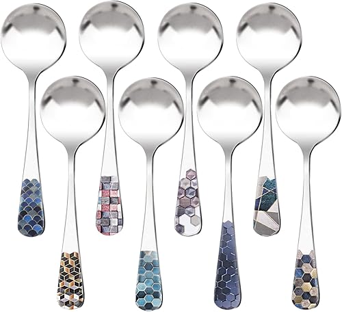 RETON 8 cucharas coreanas redondas de acero inoxidable, cucharas de sopa gruesas asiáticas pulidas con espejo, 6.3 pulgadas