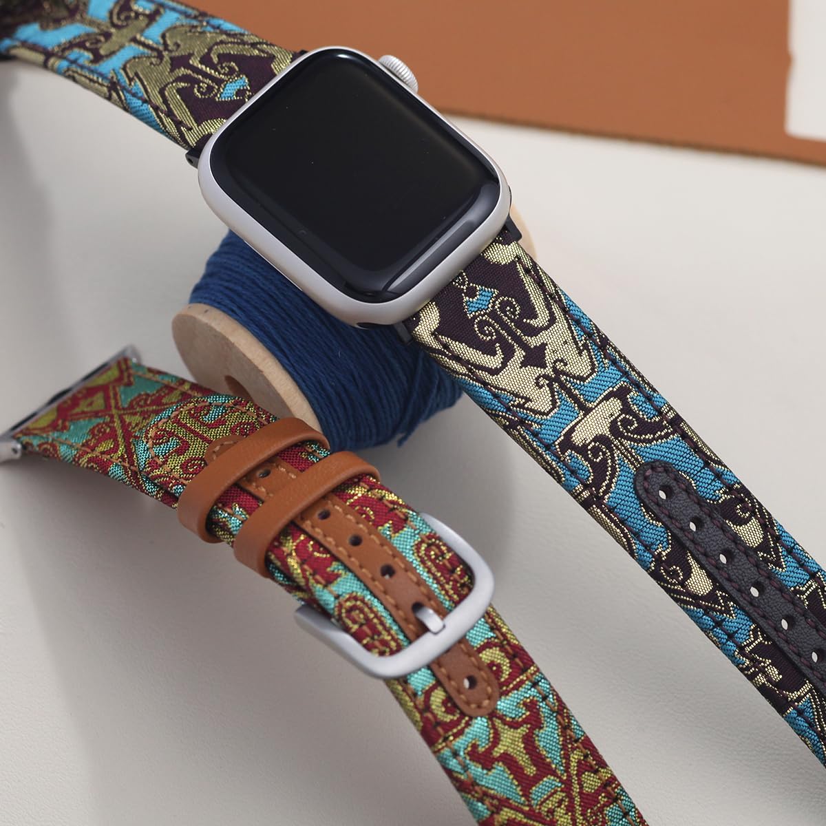 Handmade Leather & Gold-Woven Fabric Smart Watch Band – Dark Coffee Taotie Pattern Limited Edition, Compatible with Apple Watch and Most 38–49mm Smart Watches