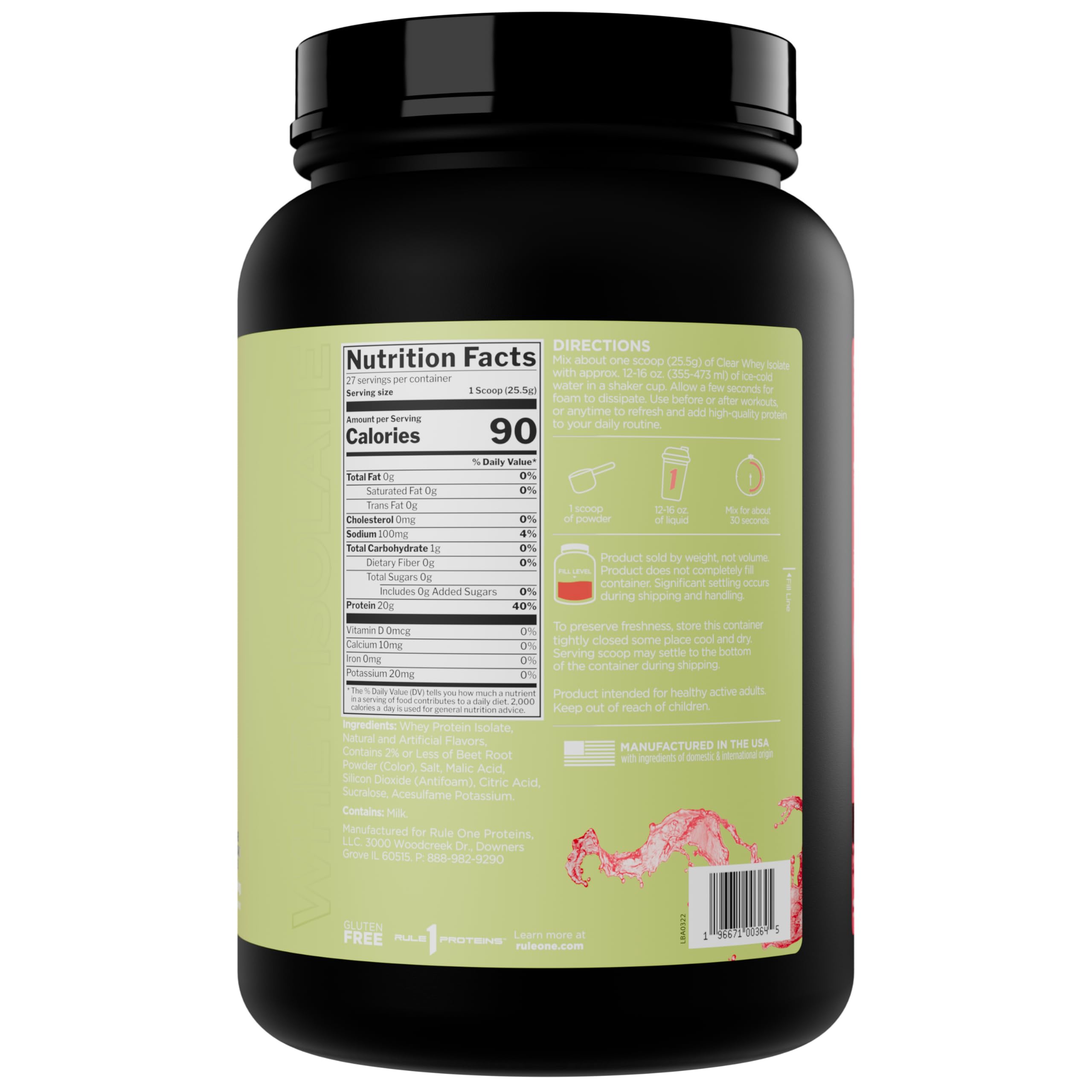 Rule One Proteins Isolat transparente: 20 g de proteína aislada de suero, más de 9 g de AAA, 300 mg de minerales electrolíticos, 90 calorías, sabor ligero, crujiente y refrescante (27 porciones).