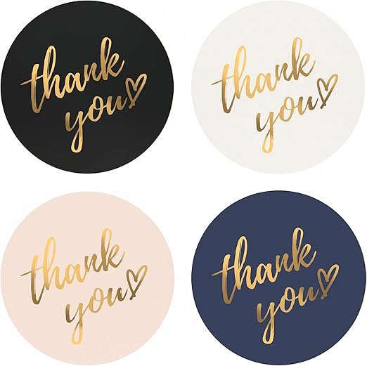 Thank You Stickers Roll | Simple and Sincere | 1.5 inch | Waterproof | 500 Labels for Small Business, Packaging, Mailer Seal Stickers | 4 Classic Colors with Gold Foil Design