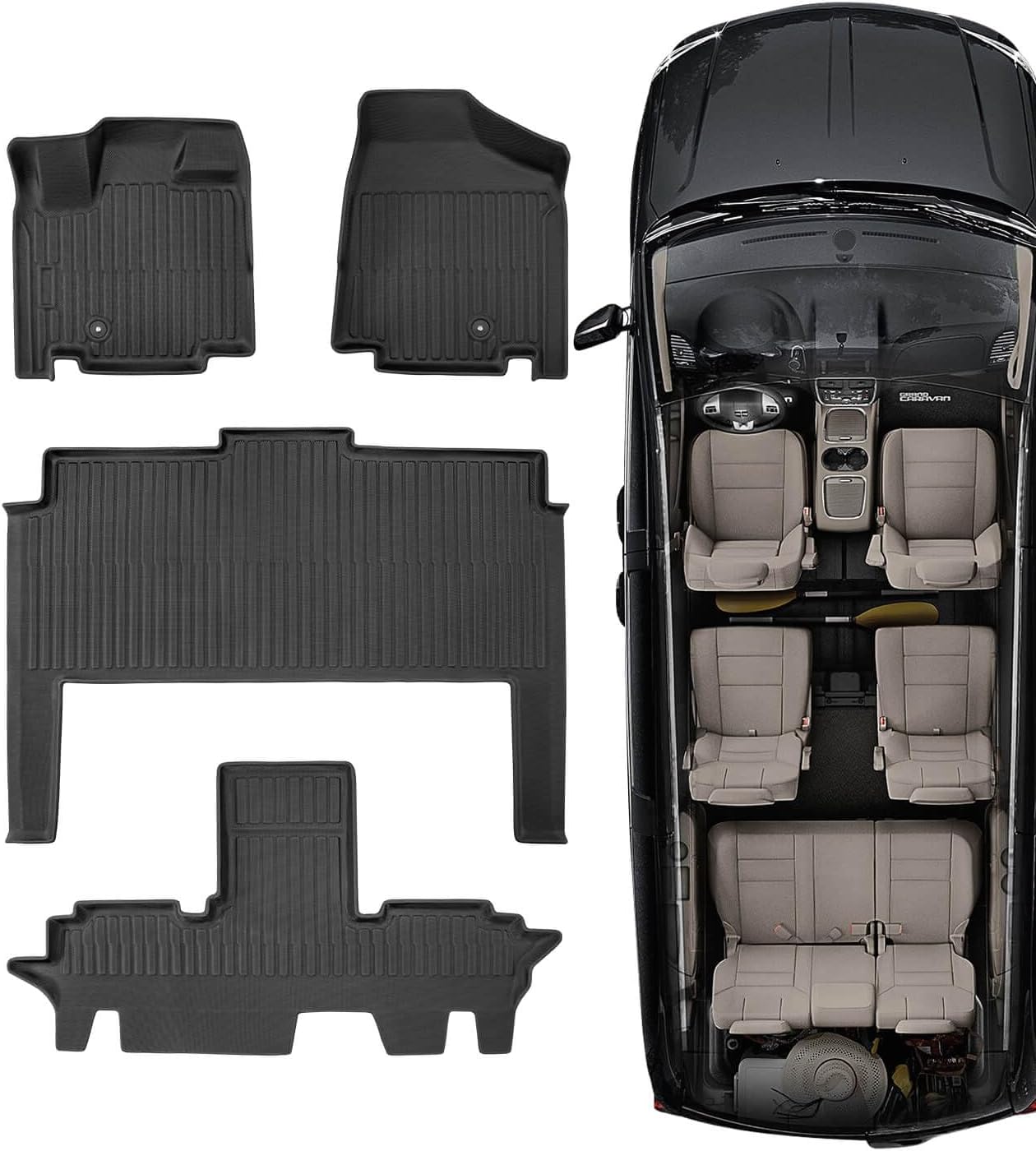 DrCarNow Floor Mats for Dodge Grand Caravan 7 Seats 2008-2020 | Chrysler Town & Country 2008-2016 (Stow’n Go Only), Non-Slip Heavy Duty Accessories All Weather TPE Car Floor Liners 3 Row Front Rear