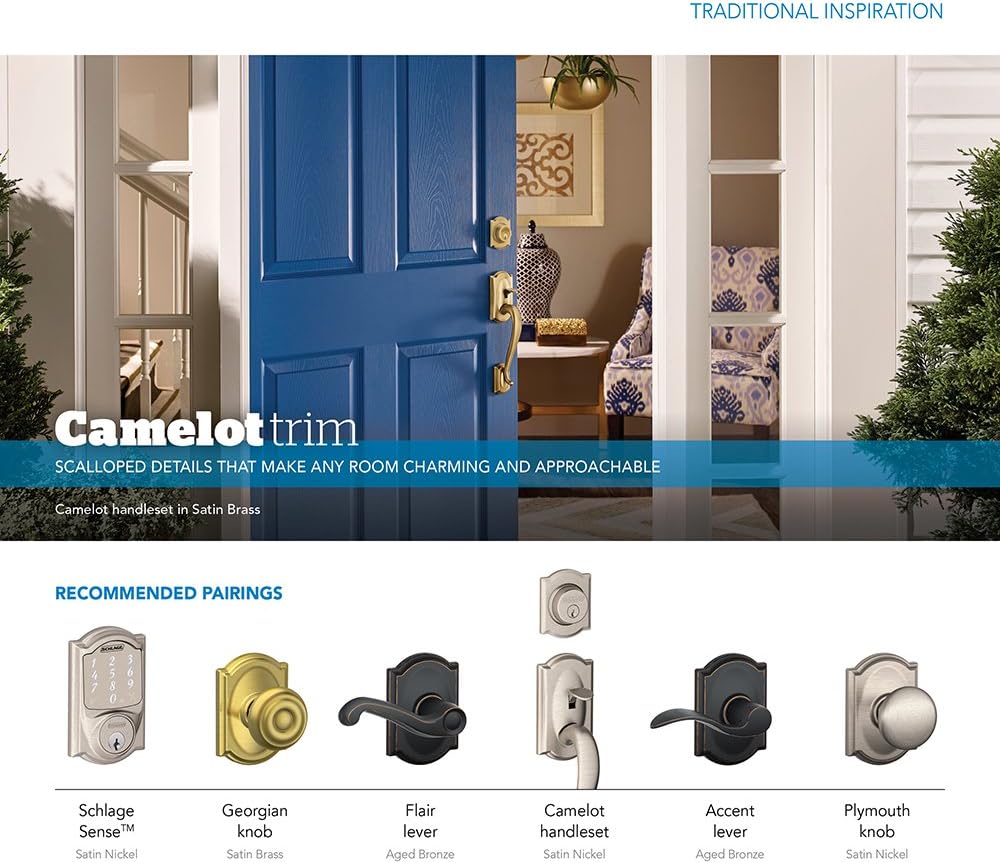 SCHLAGE F51A GEO 608 CAM Georgian Knob with Camelot Trim Keyed Entry Lock, Satin Brass