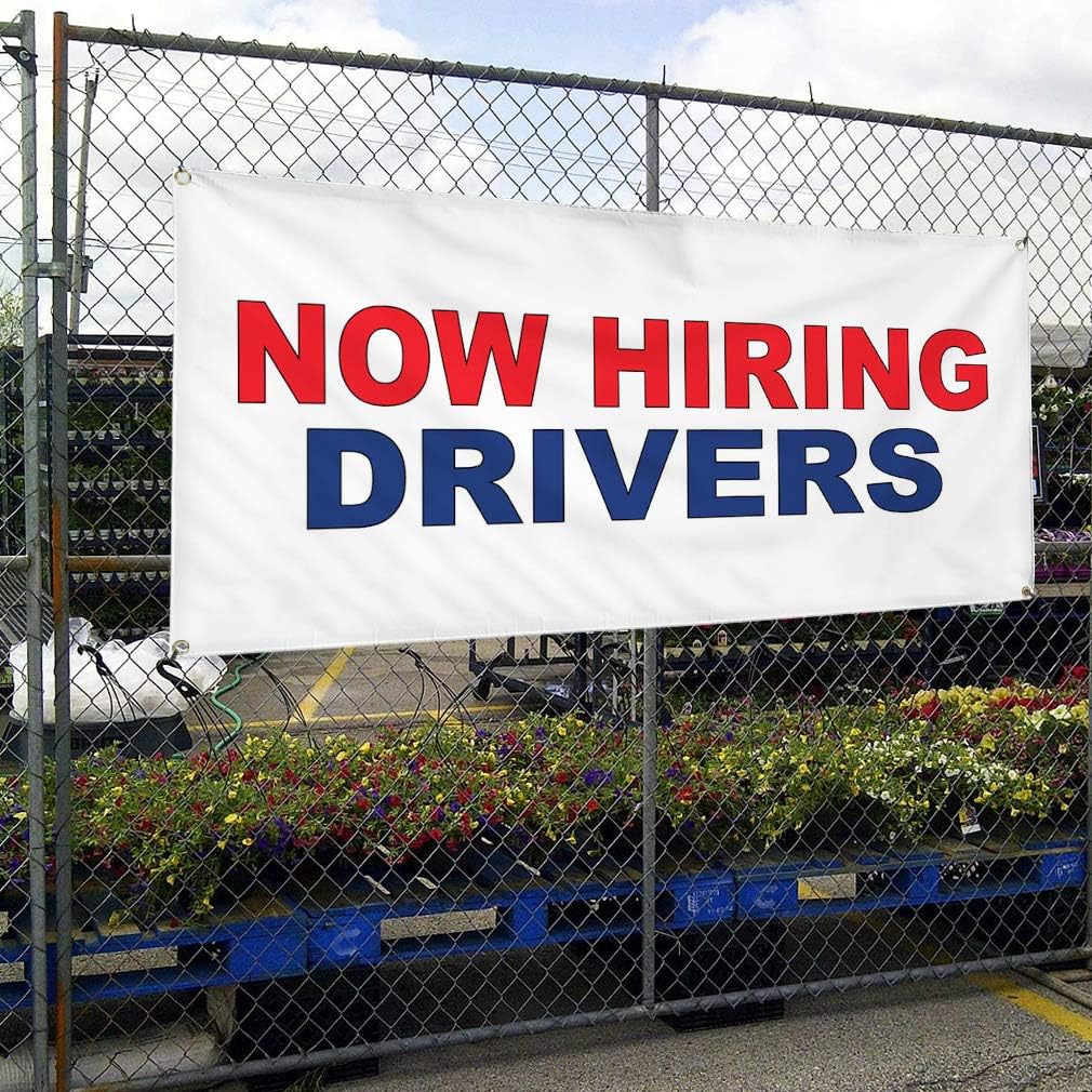 Vinyl Banner Multiple Sizes Now Hiring Drivers Red Blue Business Outdoor Weatherproof Industrial Yard Signs 8 Grommets 48x96Inches