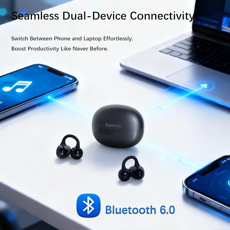 Open Ear M30 Earbuds, Bluetooth 6.0 Wireless Ultra Audio, ENC AI Air Conduction Headphones, 60H Playtime, Stereo Sound, Touch Control, Premium Clip-On Open-Ear Earphones for Office & Daily Use, Black image 6