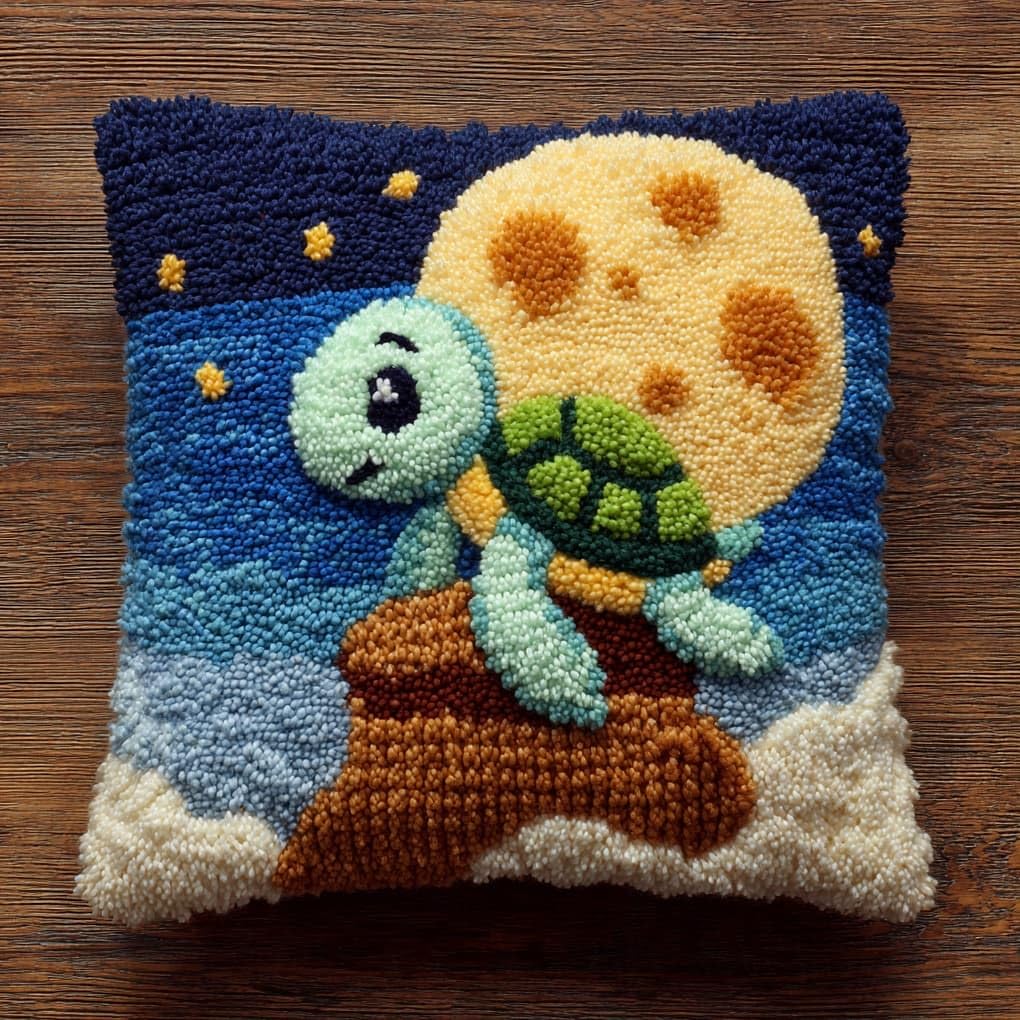 Henypt DIY Latch Hook Kit 43x43cm / 17x17 Inch,The Little Turtle on the Moon Complete Crochet Rug Kit with Yarns & Hook,Creative Needlework Gift for Family