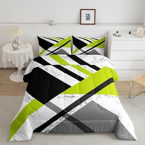 Juego de edredón verde lima y gris, juego de ropa de cama geométrica verde, negro y blanco, tamaño individual, patrón de retazos, geométrico,