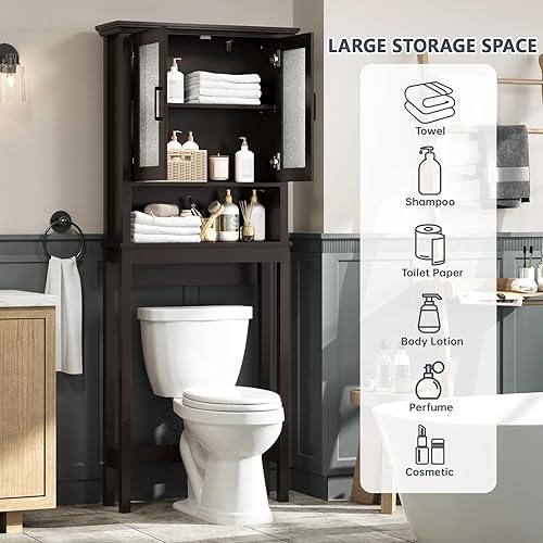 Miniatura 4 de Armario de Almacenamiento Sobre el Inodoro, Organizador de Baño Sobre el Inodoro con Puertas de Vidrio y Estante Ajustable, Marco Reforzado Armario