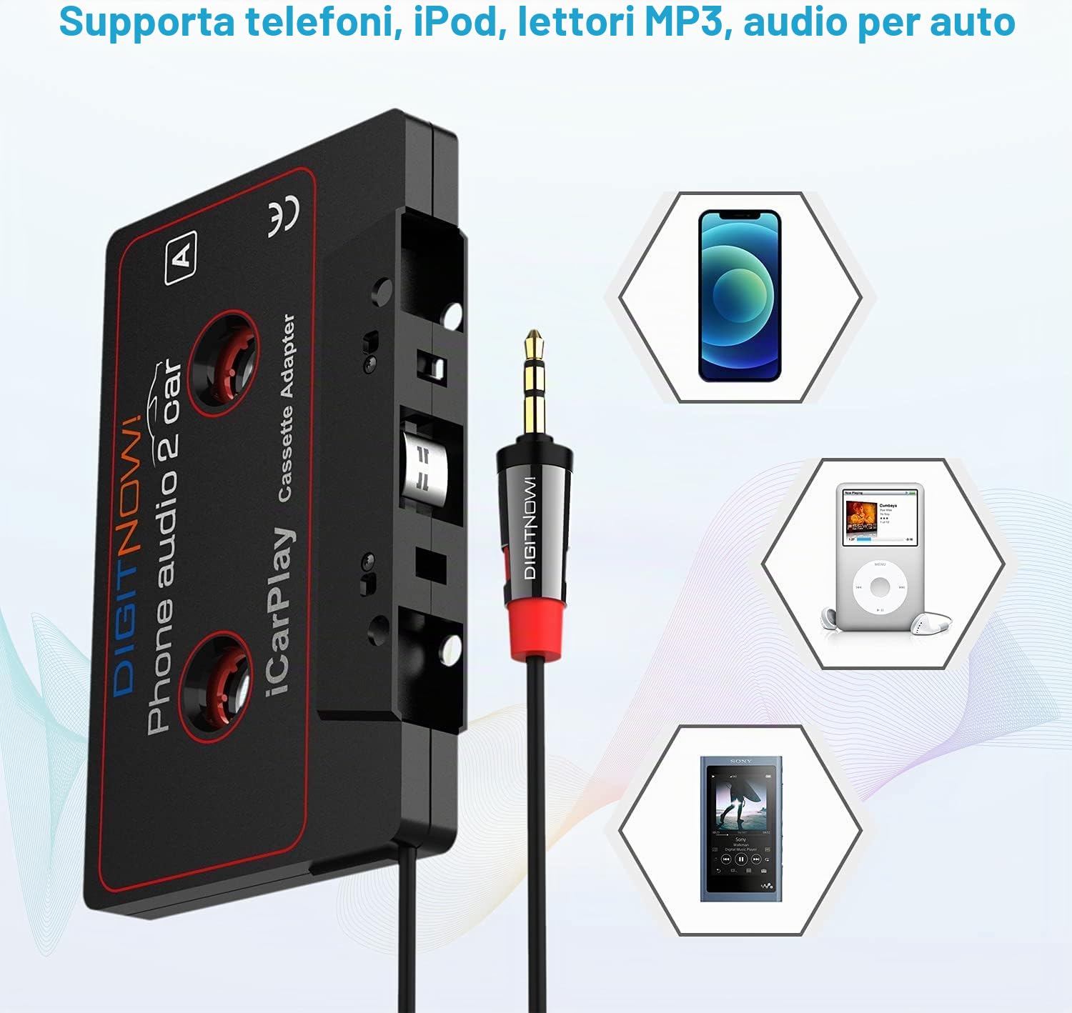 Digitnow auto cassetta adattatore audio tape, ascolta il tuo iPod o altri dispositivi audio tramite il lettore cassette da auto, jack da 3.5 mm.