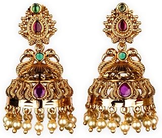 Sasitrends Textured Diamond with Filigree Dome & Lakshmi Peacock Motif Pearl and Floral Jhumka with Pearls Price In India