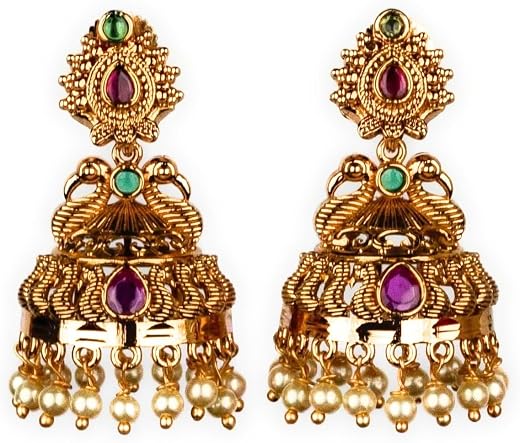 Sasitrends Textured Diamond with Filigree Dome &amp; Lakshmi Peacock Motif Pearl and Floral Jhumka with Pearls