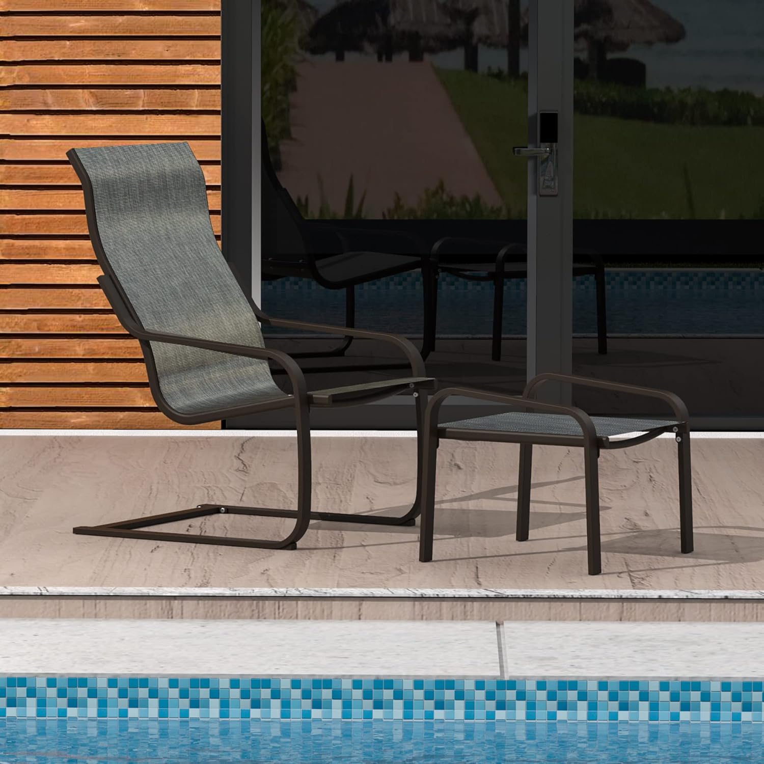 Domi Outdoor C Spring Motion Chair,Patio Bistro Set of 2, All-Weather Conversation Armchair with Ottoman & Quick Dry Textile for Porch,Deck,Yard,Garden,Lawn