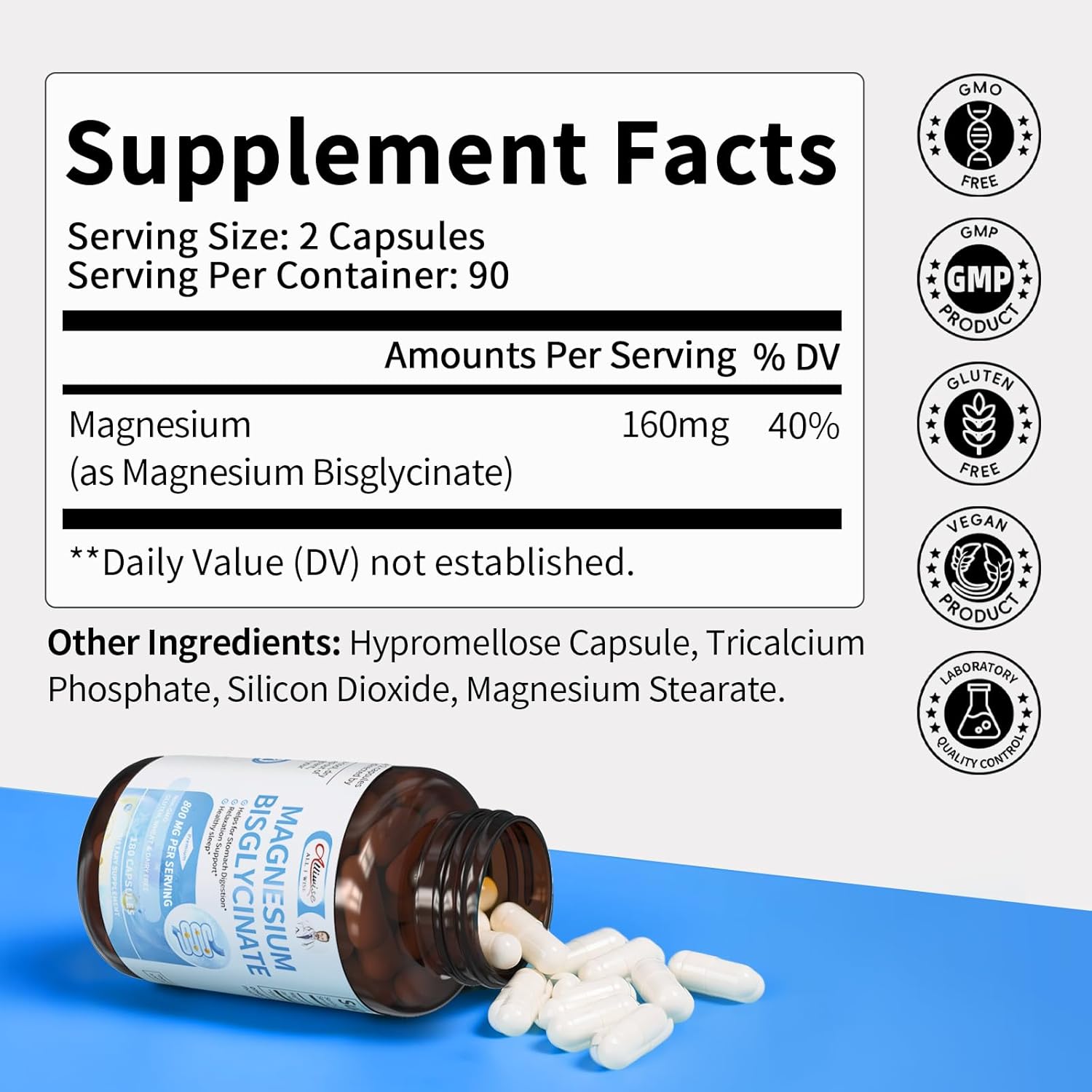 Magnesium Glycinate Capsules, Magnesium Bisglycinate 800mg Chelated, Maximum Absorption, Gentle on Stomach, Small Easy to Swallow, Supports Restful Sleep, Muscle, Bone Health 180 Counts