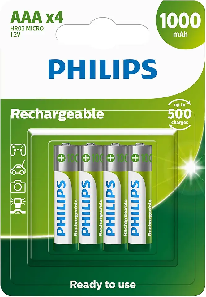 Pilha recarregável AAA 1.2V 1.000mAh, PHILIPS, padrão, R03B4RTU10/59