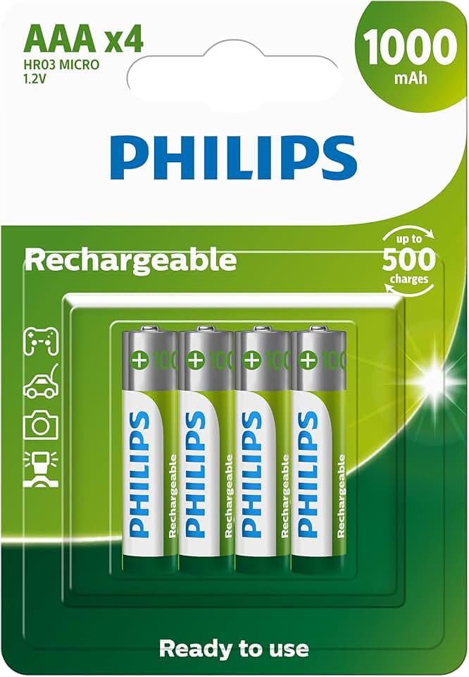 Pilha recarregável AAA 1.2V 1.000mAh, PHILIPS, padrão, R03B4RTU10/59