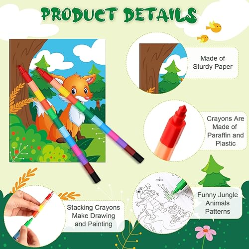 Miniatura 3 de Juego de 30 libros para colorear y lápices de colores de animales de la selva para niños incluye 24 libros para colorear y 6 crayones de bloques de