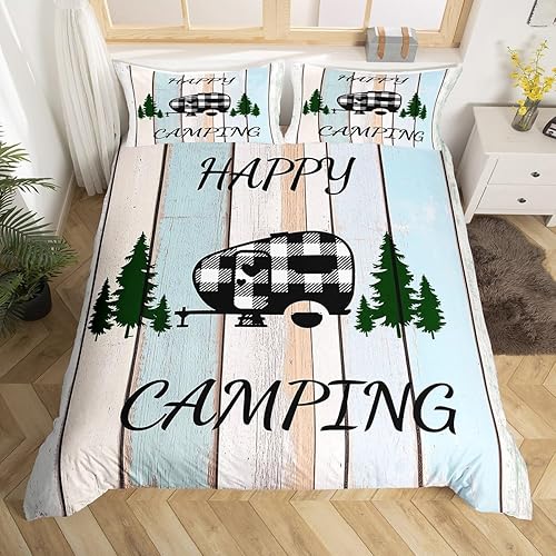 Juego de funda de edredón para cámper, juego de ropa de cama de camping feliz, funda de edredón para niños y niñas, decoración de dormitorio de