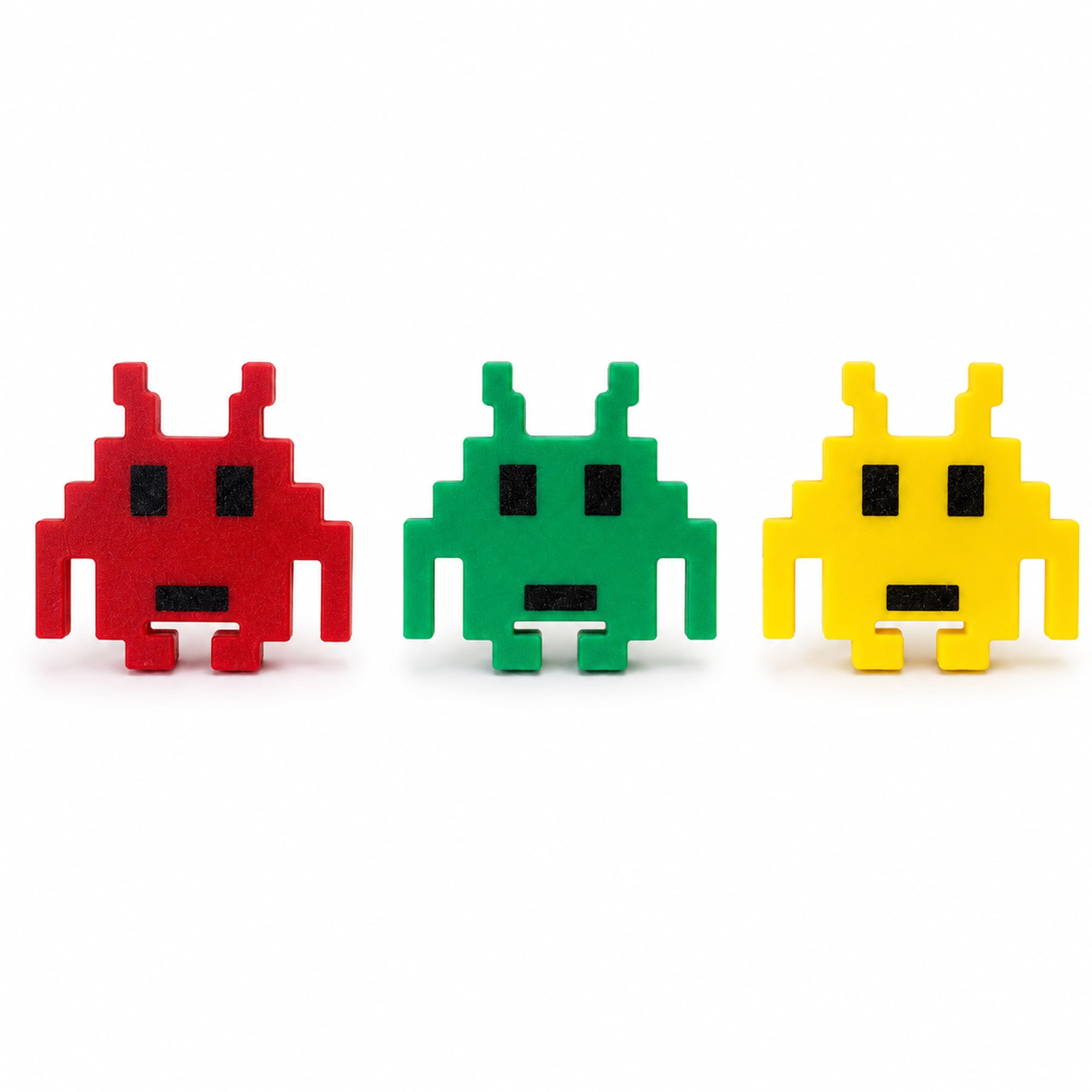 3 Pack Pixel Alien Drawer Knobs – Retro Arcade Gamer Cabinet Door Handles – Kids Bedroom Cupboard, Wardrobe & Drawer Knobs – Red, Green & Yellow – 63mm x 60mm