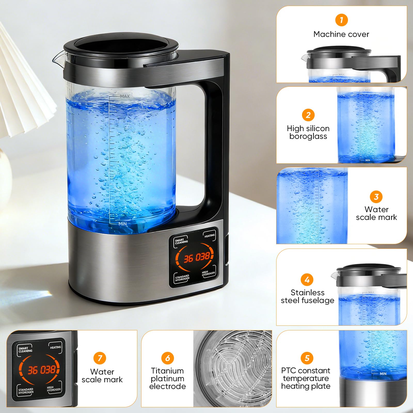 Generador de Agua Hidrogenada 2L Portátil Botella de Agua Rica en Hidrógeno con Calentamiento PTC Pantalla Táctil LED Digital Termostato para Hogar Oficina