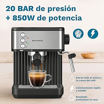 Grunkel Cafetera Espresso de 20 Bares, 850W, Panel Táctil/analogico con vaporizador orientable y brazo doble salida Depósito 1,8L (Analógica)2