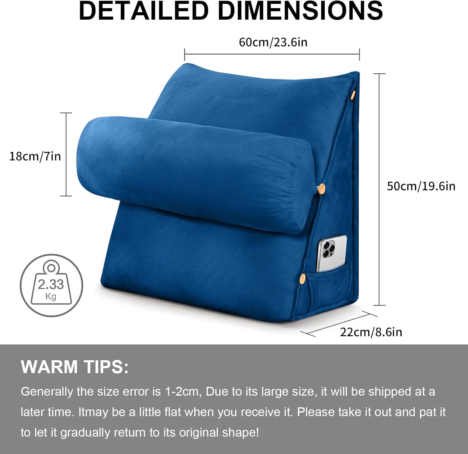 ele ELEOPTION Lumbar Back Support Pillow with Removable Neck Roll Wedge Back Cushion for Bed & Sofa with Side Pocket, Ergonomic Support Pillow for Reading (Navy Blue)