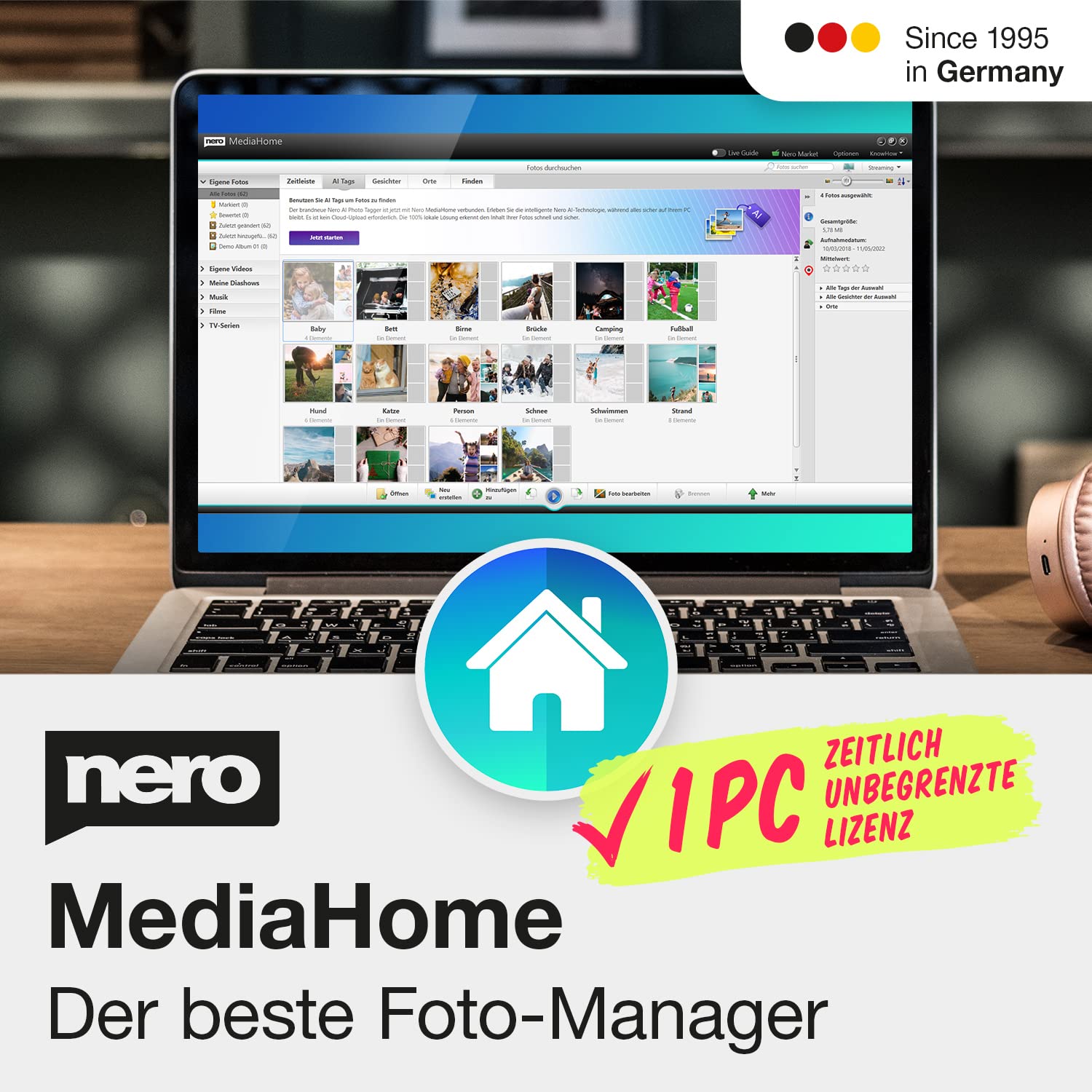 Nero MediaHome Fotoverwaltung KI-gestützte Erkennung automatische Gruppierung Diashows mit Musik erstellen Unlimitierte Lizenz 1 PC Win 11/10/8/7