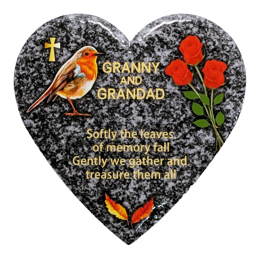 In Memoriam Heart Shaped Tile Grave Plaque (20 x 20 cm Granite finish) (Granny and Grandad, Heart 20 cm (Granite))
