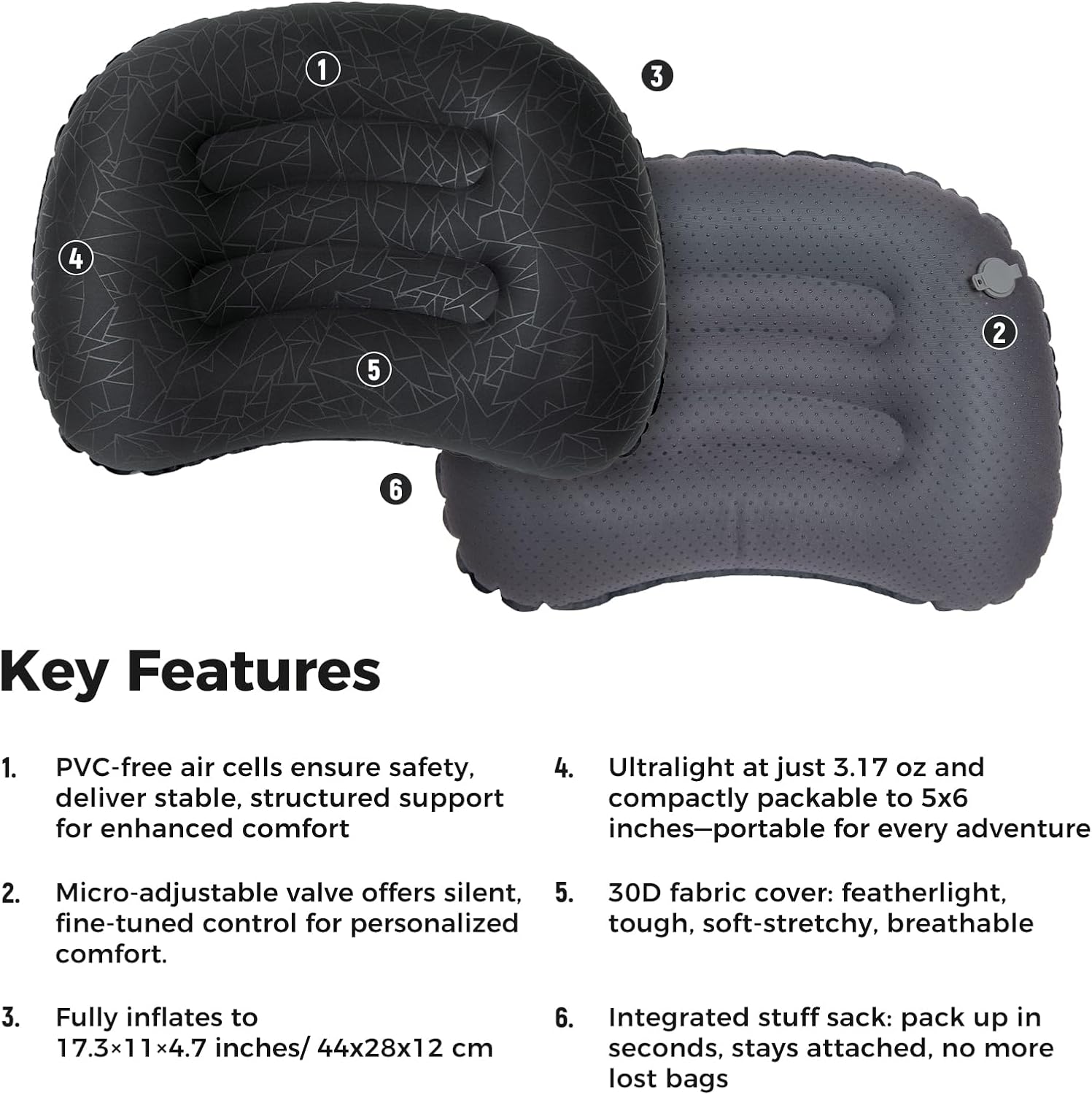 ATEPA Inflatable Camping Pillow, Ultralight Waterproof Travel Pillow with Ergonomic Support & Leak-Proof Air Valve, Compact Portable Pillow for Hiking Backpacking Tent Airplane Beach, Black - Image 3