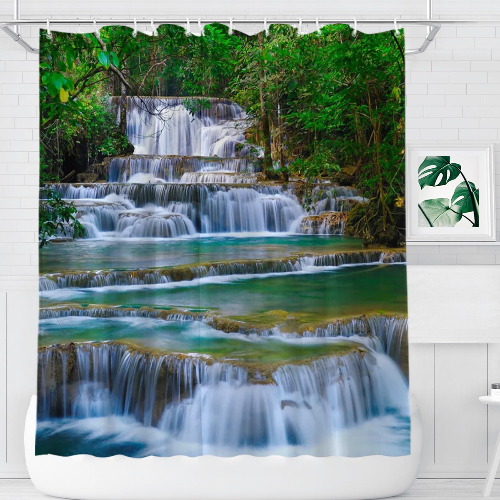 Abaysto Color 5 Scenery Shower Curtain Green Lake Summer Waterfall In Forest Woodland Nature Jungle Scenery, Waterproof Polyester Fabric Shower Curtain With 12 Hooks Bathroom Decorative, 180X180cm
