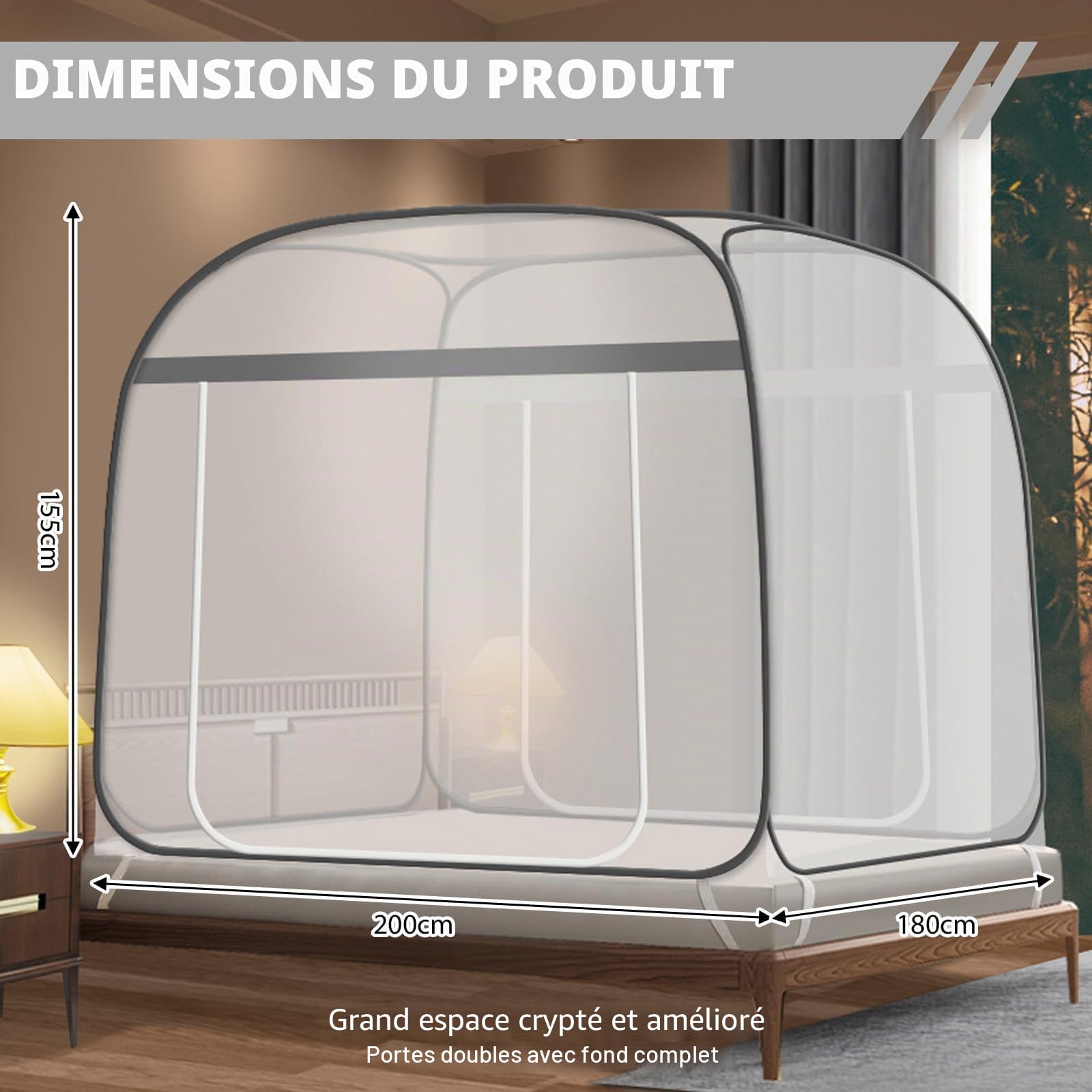 Moustiquaire de lit pop-up double porte - Moustiquaire pliable avec fond - Tente anti-moustiques à double porte - Tente de camping pour chambre à coucher, extérieur et camping (200 x 180 x 145 cm)