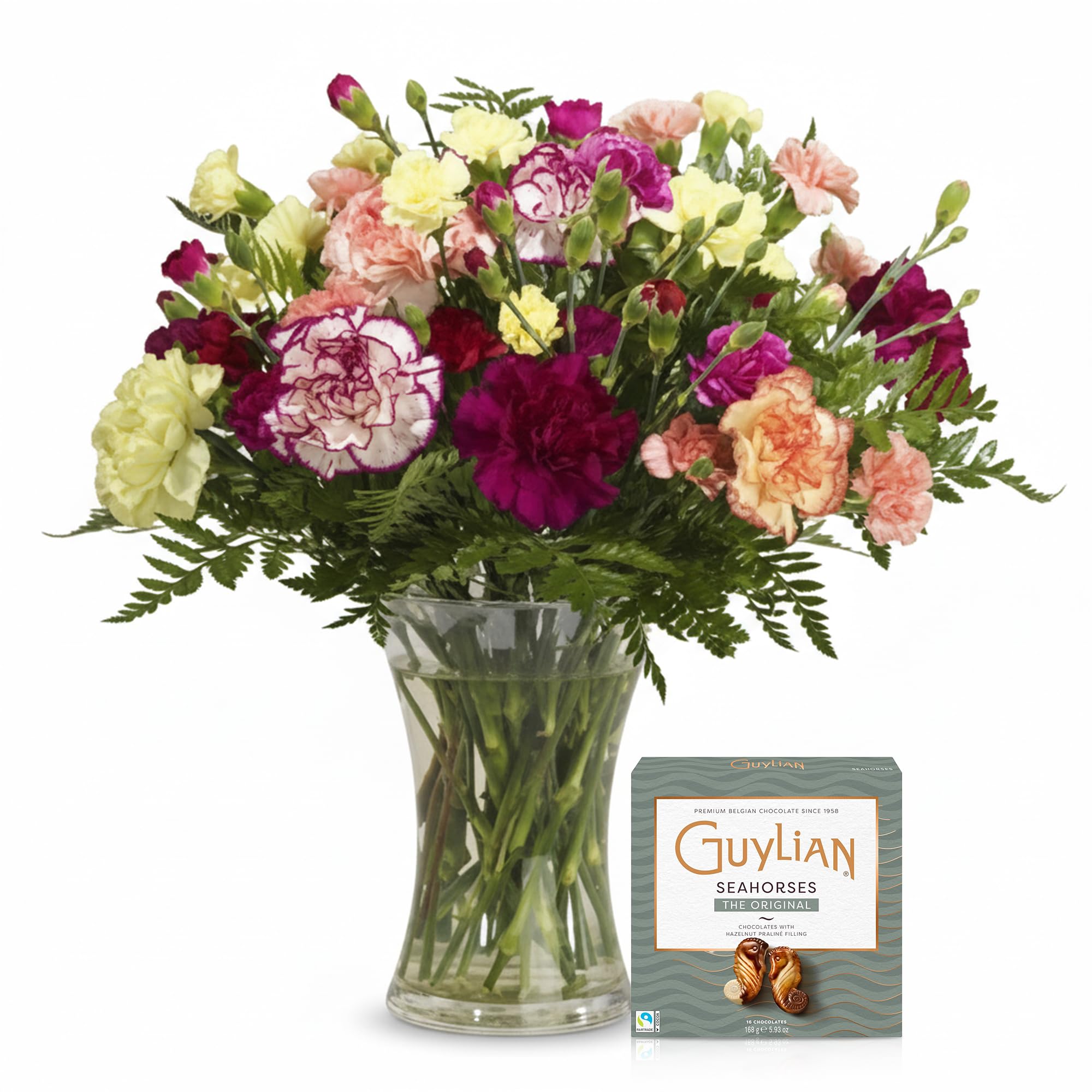 Sendabunch Mixed Spray Carnation Bouquet - 24 Fresh Stems with Free Box of Belgian Chocolates & Gift Message Card - UK Flower Delivery for Valentines Day, Birthday, Mother’s Day & Special Occasions